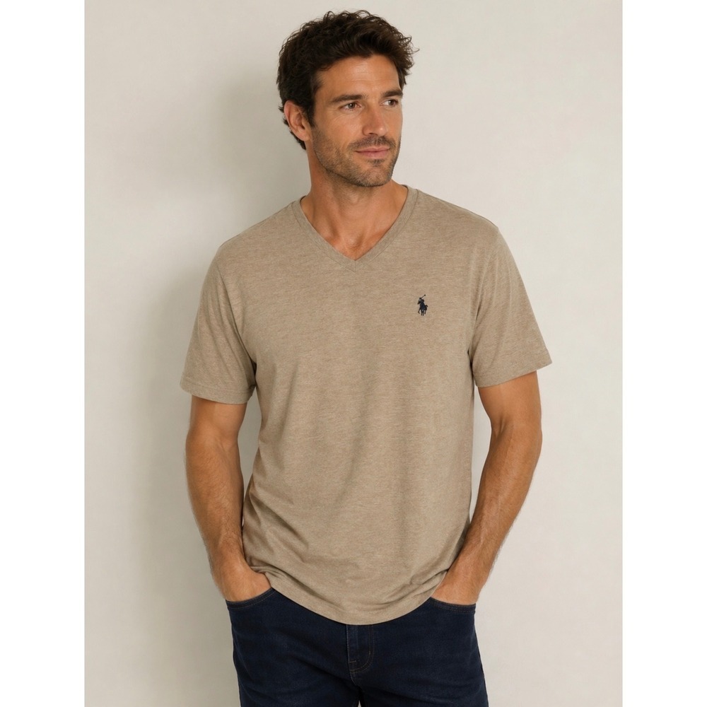 US Polo Assn Mens XL V-Neck T-Shirt Tan Heather Short Sleeve